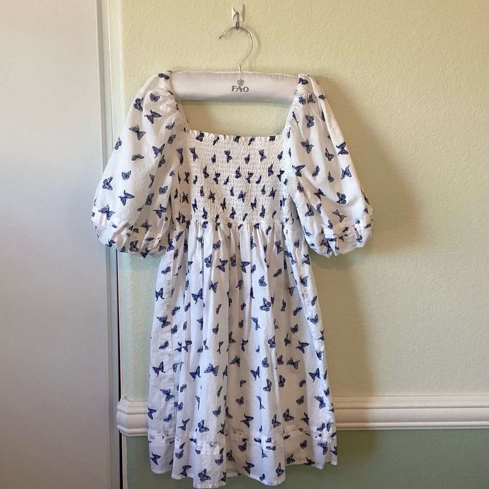 Janie and Jack White and Blue Butterfly Dress with Poofy Sleeves (Girls Size 12)